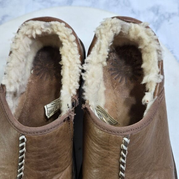 Ugg Clogs Womens 5 Brown Leather Shearling Sherpa lined Contrast stitch winter - Picture 12 of 13